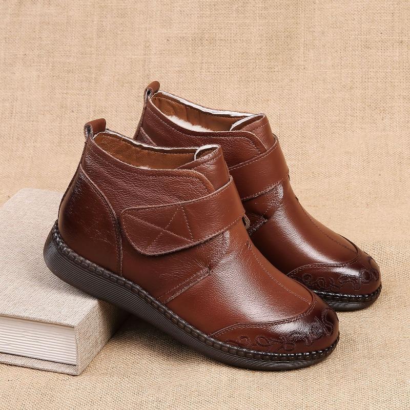 Genuine Leather Snow Boots Women Winter Shoes Warm Plush Flat Non-slip Mother Shoes Plus Size 41