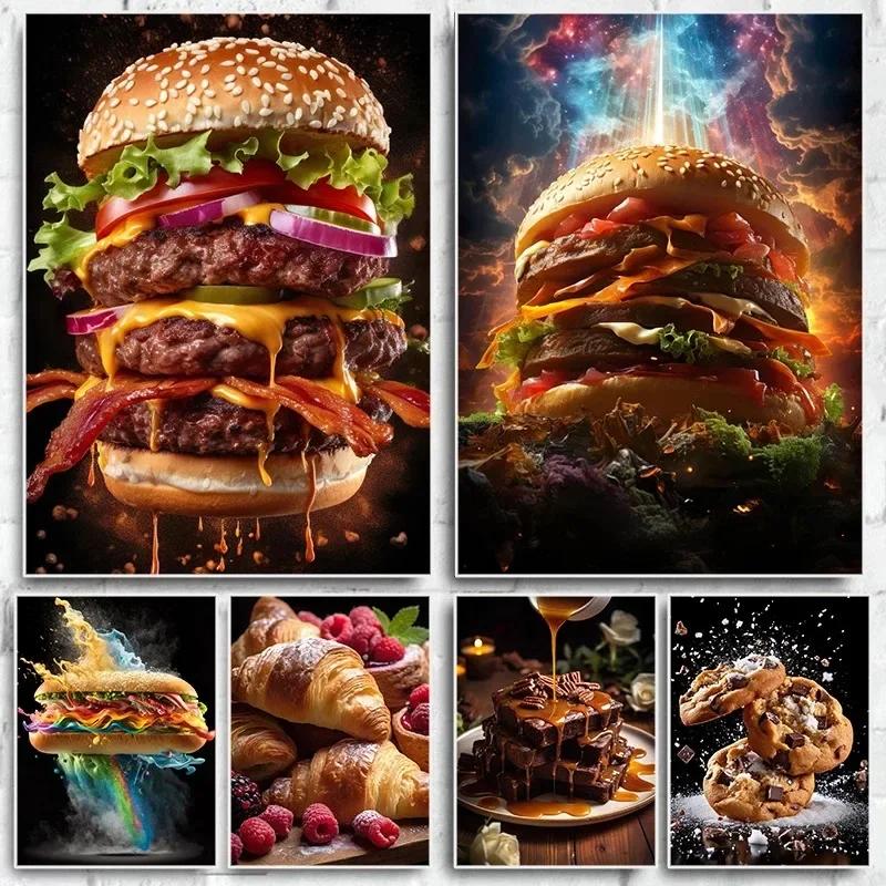 Juicy Hamburger Dessert Food Food Print Canvas Painting Wall Picture for Kitchen Room Modern Restaurant Bar Home Decor Poster