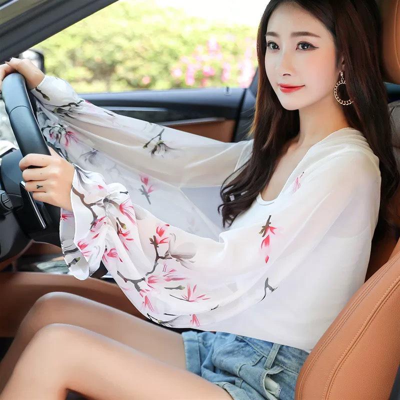 Cashew Print Chiffon Cycling Shawl with Sun Protection Sleeves - Fashionable Long Sleeve Scarf