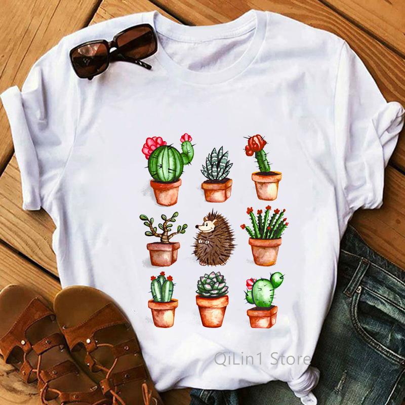 Funny Cactus T Shirts Women Summer Cute White Short Sleeve Top Tshirt Graphic Tee Shirt Femme Plant Print Tshirt Camisetas