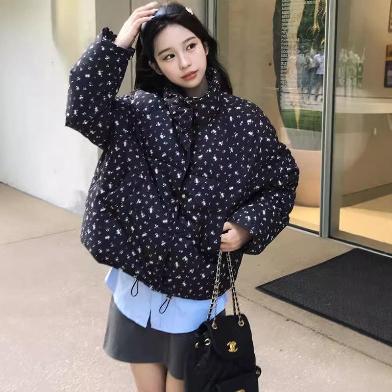 Fresh small floral short down cotton clothes for women's winter new college style thickened warm cotton-padded jacket
