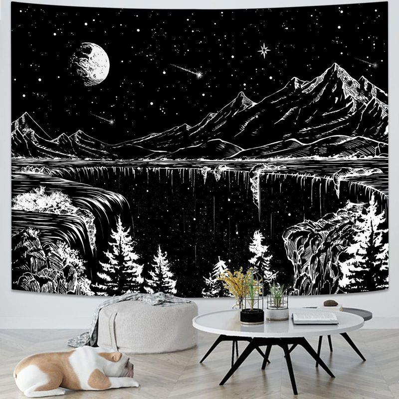 Black White Mountain Waterfall Tapestry Wall Hanging Full Moon Stars Line Art Nature Aesthetic Wall Art Decor