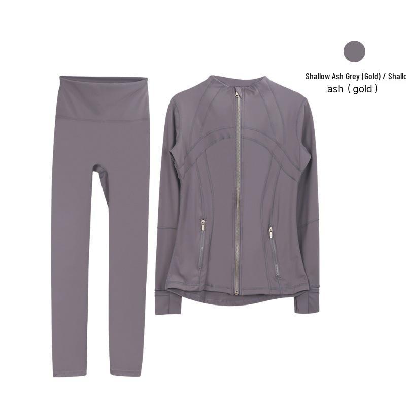 Lulu Original Gold Zipper Stand Collar Jacket & Cropped Yoga Pants Set - Women's Long Sleeve Tight Sports Suit