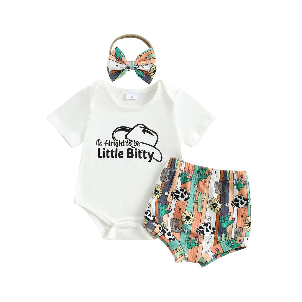 Baby Summer Outfits Letter Print Short Sleeve Round Neck Romper with Hat/Car Pattern Shorts and Headband Outfit