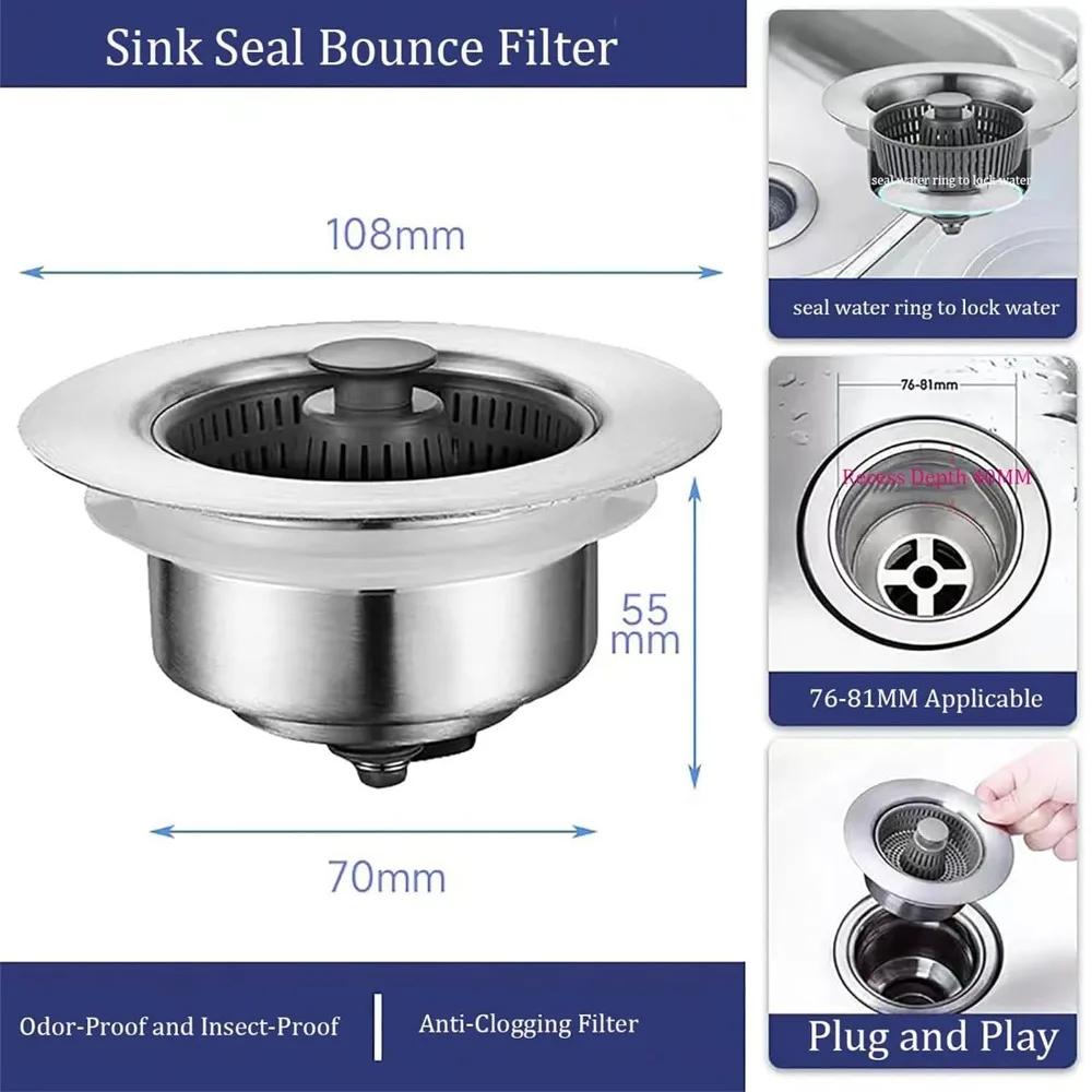 1/2pcs Clog-Free Sink Strainer Basket, 3-in-1 with One-Touch Pop-Up Core, Universal Size Easy Install Drain Filter,Sink Strainer