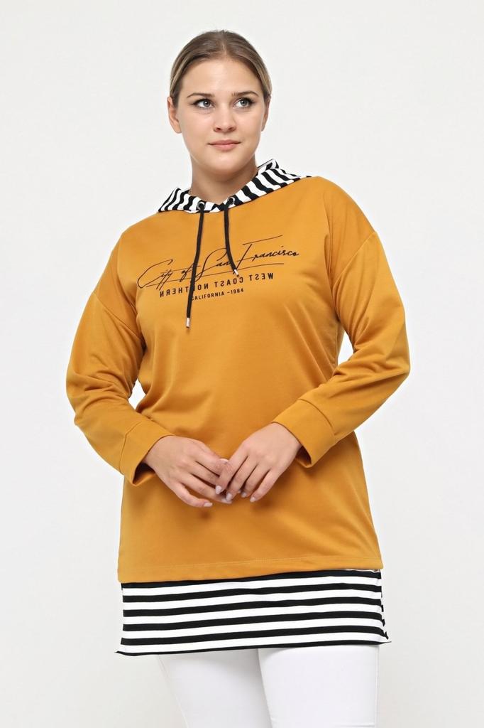 Stil Femei Mărime Mare Hanorac Mărime Mare 100% Bumbac Primăvară Primăvară Fantă Laterală Model Confortabil Hanorac cu Glugă Detaliat cu Dungi