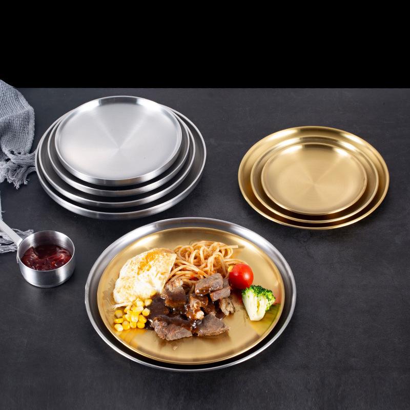 Korean Style Stainless Steel Gold Round Plate – Barbecue, Fruit, Cake, Dinner, Bone, & Shallow Dish.