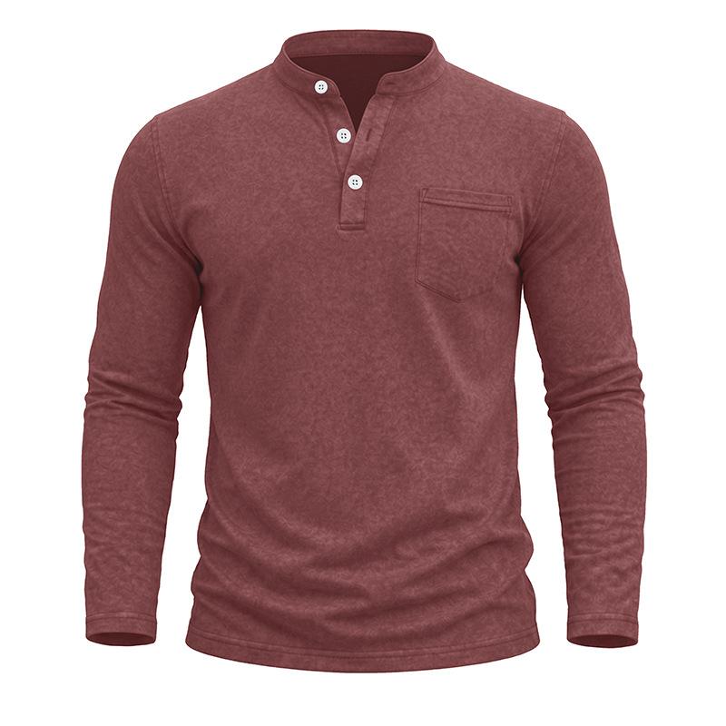 Men S Vintage Washed Long Sleeve Stand Collar Henley Shirt
