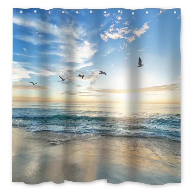 Summer Seaside Shower Curtains Ocean Beach View Coconut Trees Bath Curtain Polyester Fabric Bathroom Restroom Decor With Hooks
