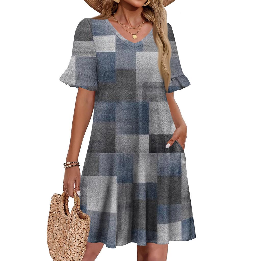 Women A Line Sun Dress Short Sleeve V Neck Printed Dress With Pockets