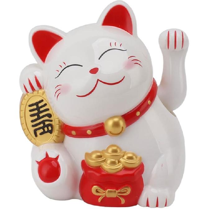 5.5 Inch Lucky Cat, Smiling Lucky Cat Waving Arms for Wealth and Prosperity, Fortune Cat Statue Decoration for Home Shop Restaurant Car Party Mly11020-1 White