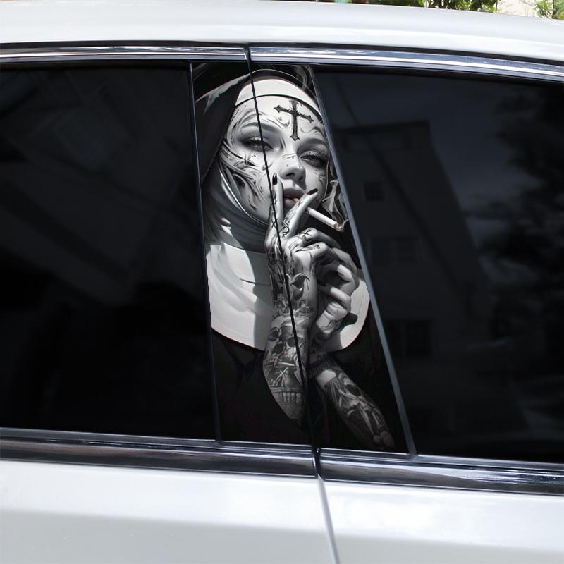 2pcs Nun Sisters Car Decal Car B-Pillar Sticker Smoking Nun Styling Car Decal Diy Car Door Post Vinyl Decal Cool Nun Decal