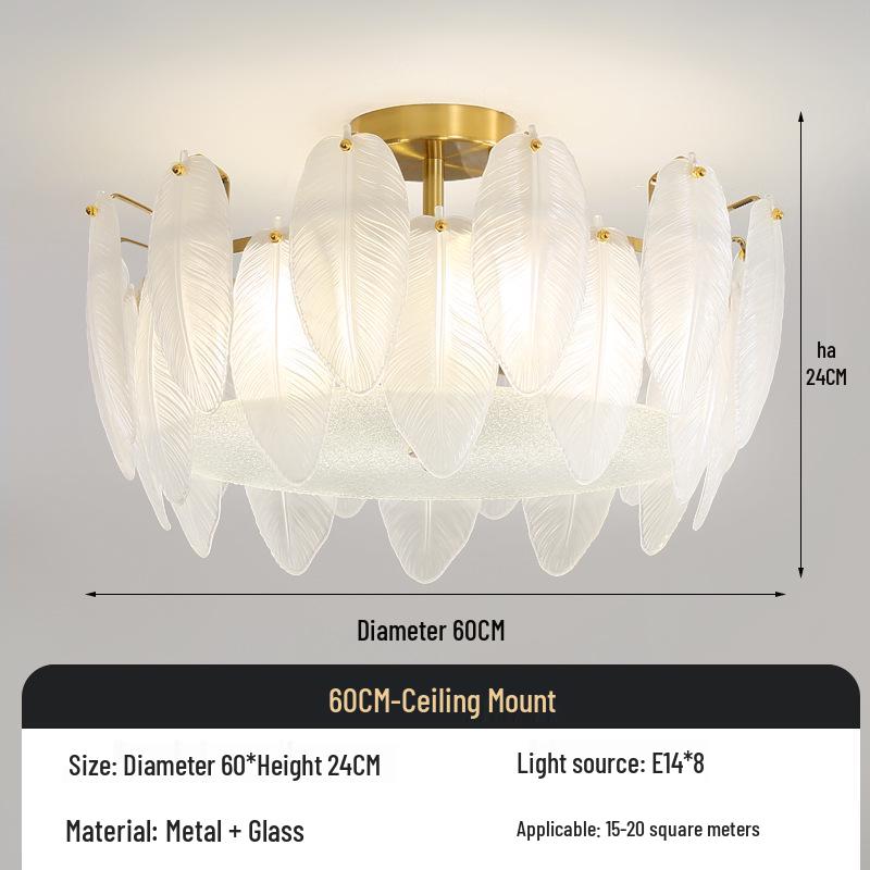 Postmodern Minimalist Feather Glass Chandelier for Living Room, Master Bedroom, or Dining Area