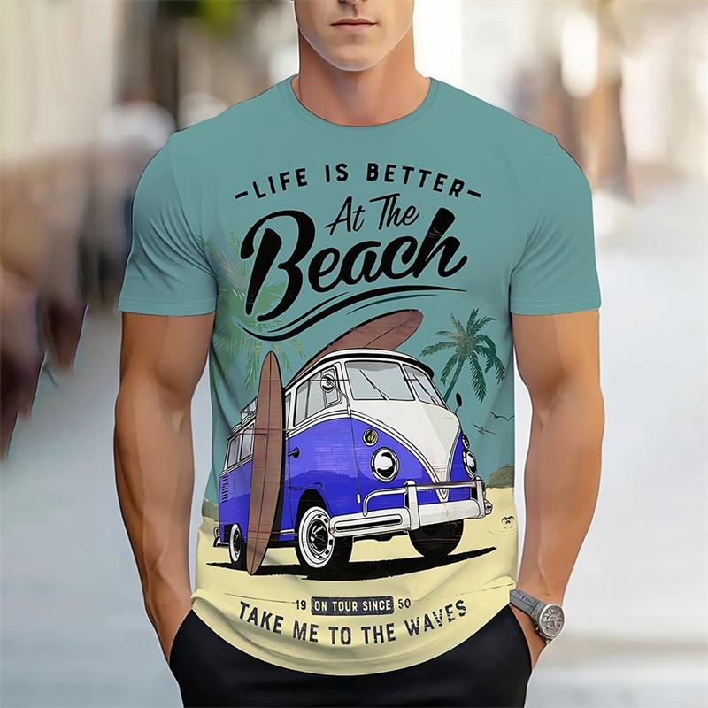 Casual Bus Graphic Beach T Shirts Fashion Summer Short Sleeve Mens Crew Neck 3D Printed T-shirts Loose Vacation Holiday Tees