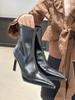 High-heeled Pointed Short Boots, Autumn and Winter 2025 New European and American Thin-heeled Splicing Bare Boots, Thin Boots, Retro Brown Short Boots