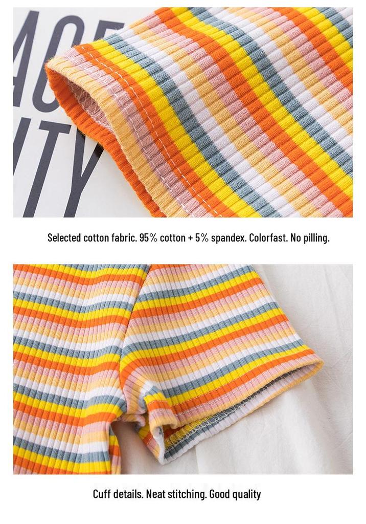 Women's Rainbow Striped Cropped Short Sleeve Top, Hyuna Style, Tight Fit, High Waist, Belly Button Show