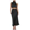 Women's Summer Formal Satin Mock Neck Sleeveless Tank Skirt Two-piece Suit