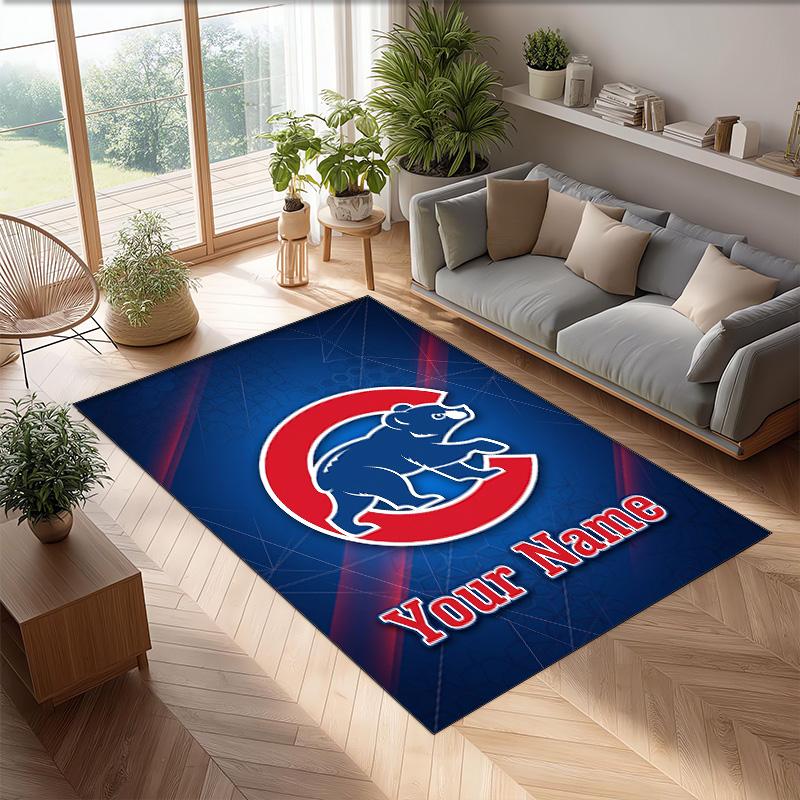 Chicago Cubs Crystal Velvet Rug, Custom Name Text Personalized Non‑Slip Floor Mat for Home Decor Gift