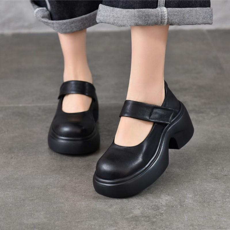 Johnature Thick Soled High Heels Pumps Genuine Leather Round Toe Thick Heel Women's Platform Shoes