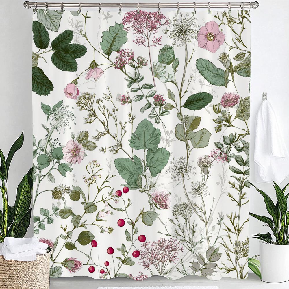 Vintage Botanical Print Floral Shower Curtain, Bathroom Decorative Shower Curtain, Waterproof Shower Curtain with Hooks