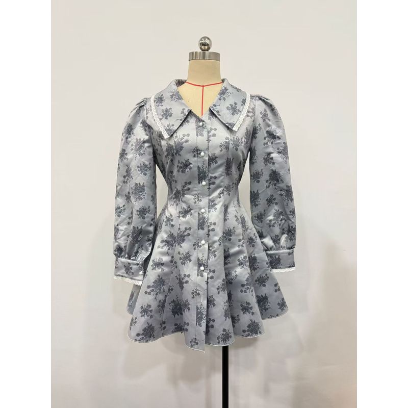 

New Arrival French Style V-neck Waist Trimming Printing Bodycon Dress Long Sleeves Fashion Lace Patchwork Dress Printed Dress Gray S