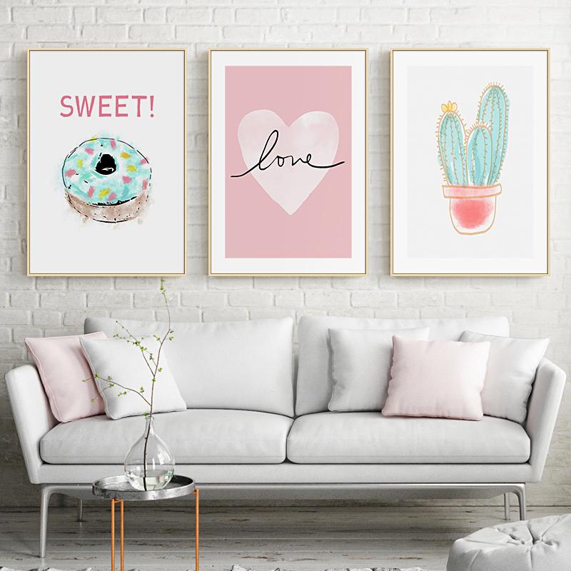 Pink Dessert Love Cactus Cartoon Picture Wall Art Poster Girl  Room Canvas Paintings For Nursery Decorative Prints Wall Posters