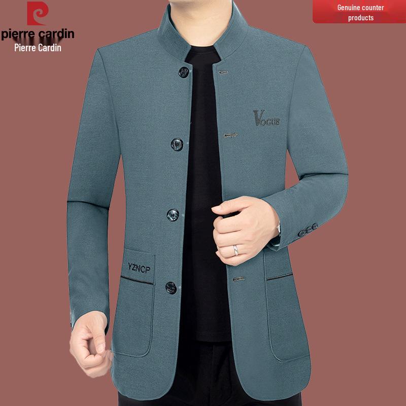 Pierre Cardin Men's Woolen Stand-Up Collar Jacket – Spring/Autumn Business Casual for Middle-Aged Dads.
