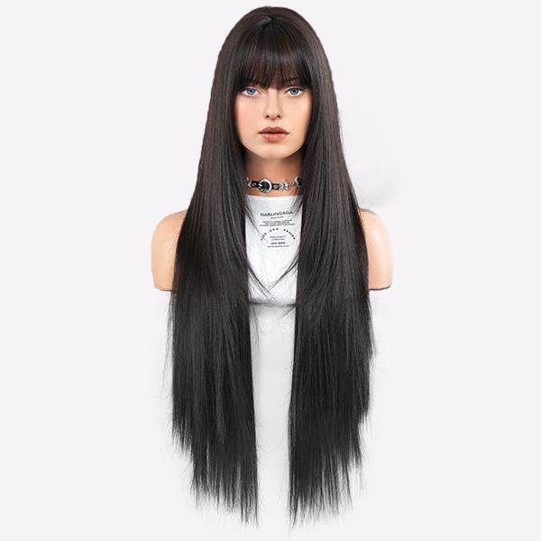 

Длинный прямой парик цвета угольно-черного цвета - многослойный синтетический парик с прямой челкой, подходит для круглого лица, термостойкая шапочка для полного парика для естественного вида 85cm 33 inch чёрный