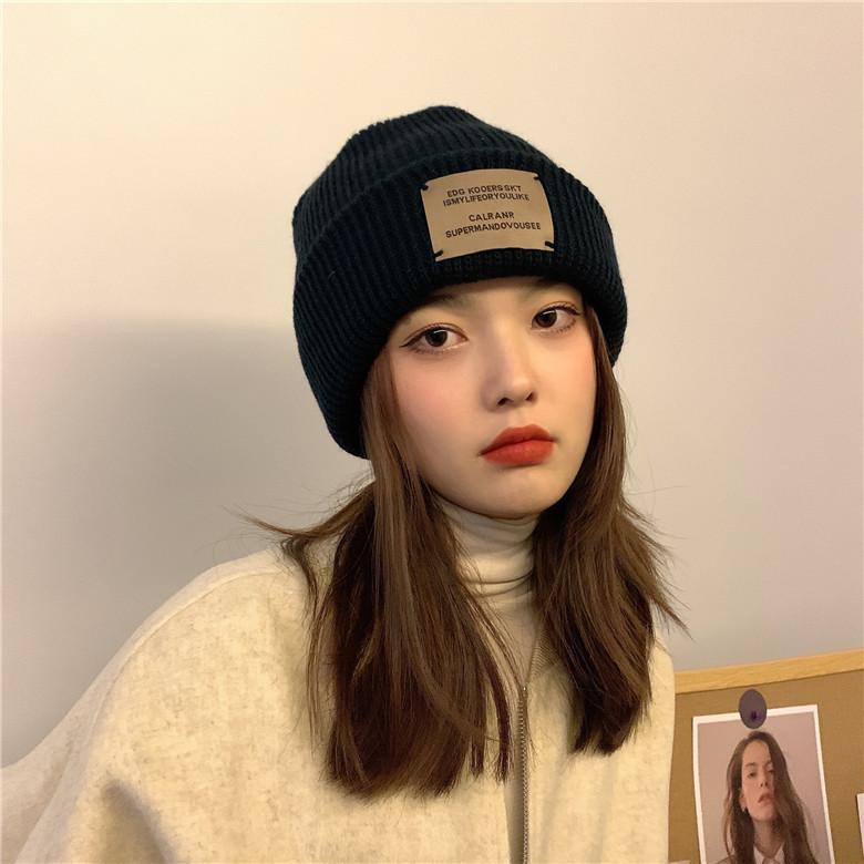 Hat Trendy Retro Sticker Couple Wool Hat for Women In Autumn and Winter Big Head Circumference Warm Korean Style Ear Protection Knitted Hat