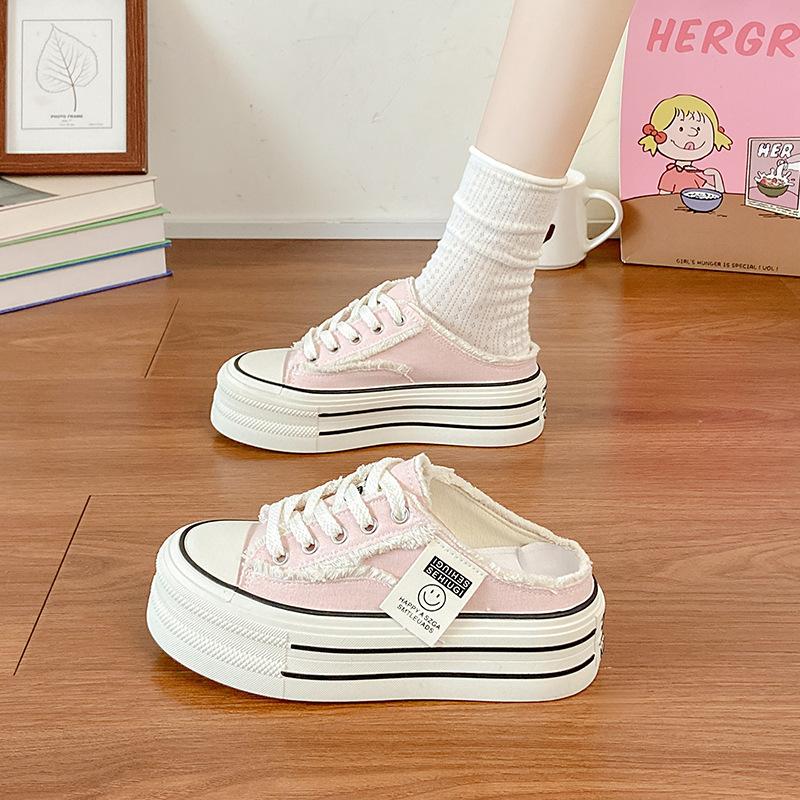 Baotou slippers women's summer wear 2025 new canvas shoes versatile student lazy half drag platform white shoes ins
