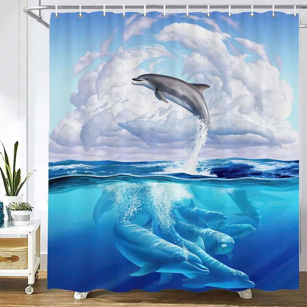 

Dolphin Shower Curtain, Blue Underwater World Marine Life , Polyester Fabric Kids Ocean Theme Bathroom Decor Set With 12 Hooks W60H190(CM)-1 Pcs