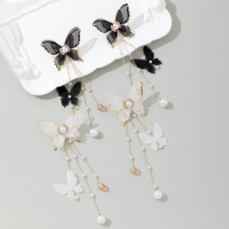 New Elegant Fairy Chiffon Buterfly Tassel Earrings For Women Fashion Imitation Pearl Dangle Drop Earrings Party Wedding Jewelry Gifts