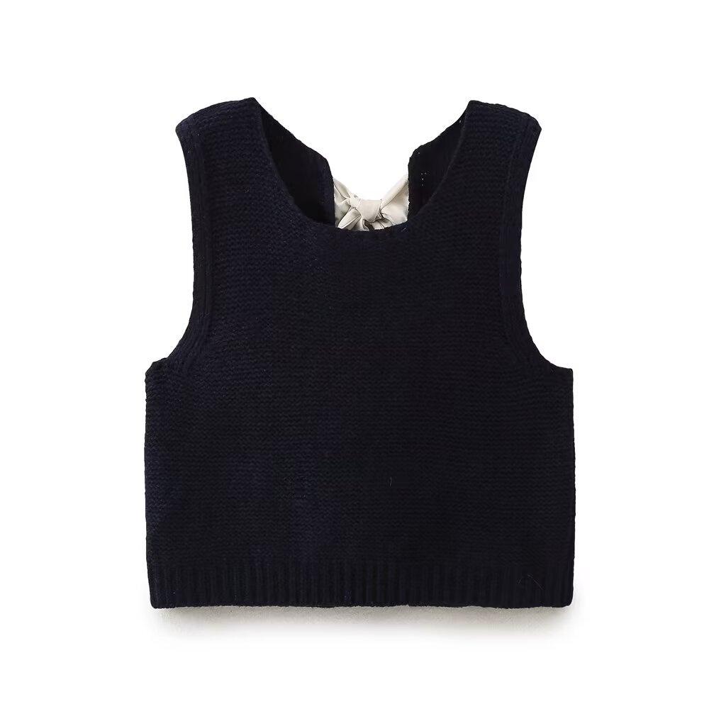 

2024 Women s Slim Fit Knitted Sleeveless Vest with French Bow – Winter European & American Style Knot Cover-Up Large Темно-синій