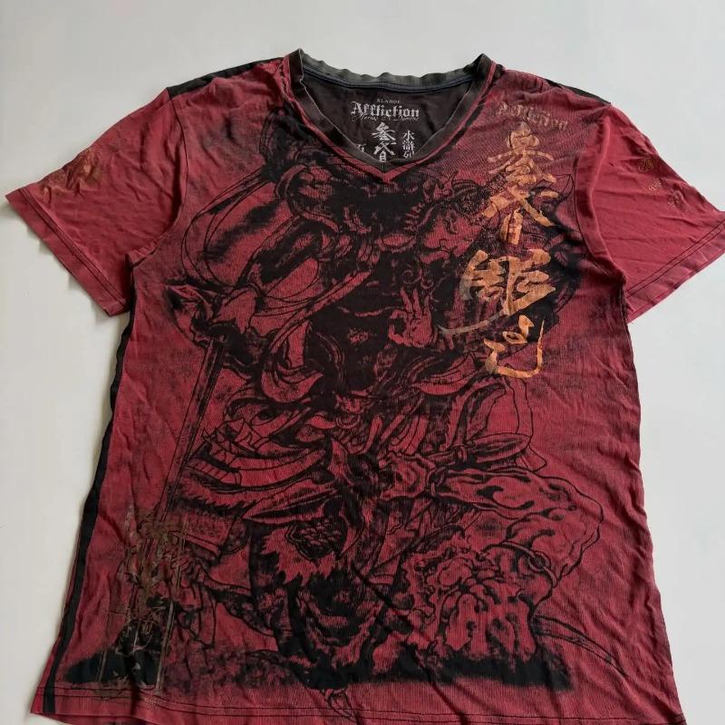 Y2K Red Gothic Thorn Totem Printing Harajuku Style T Shirt High Street Broken Feeling Mens Short Sleeves Couple Collocation