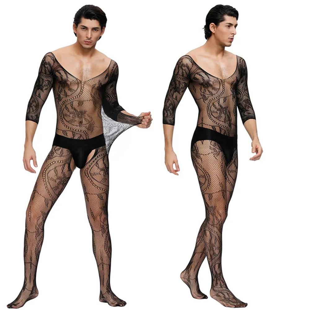 Crotchless Bodystocking Black Man Gay Transparent Net Clothes Sexy Lingerie Bodysuit One Piece Stockings Erotic Sissy Costumes