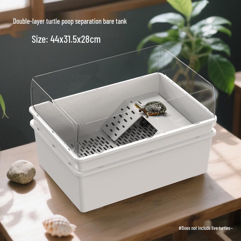 Eco-Friendly Turtle Habitat: Dual-Layer Tank with Waste Separation & Green Plant Landscaping.