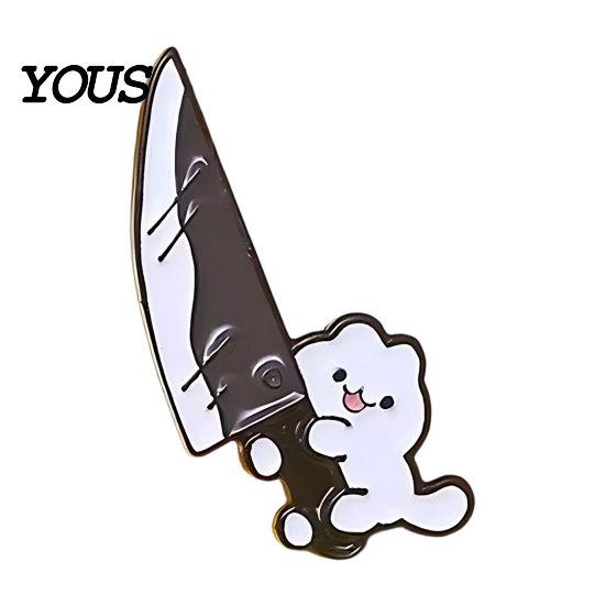 Denim Jacket Pin Novelty White Cat Holding Knife Enamel Brooch Pin, Cute Cartoon Hat Animal Lapel for Shirt, Clothing, Backpacks, Jackets, Accessory