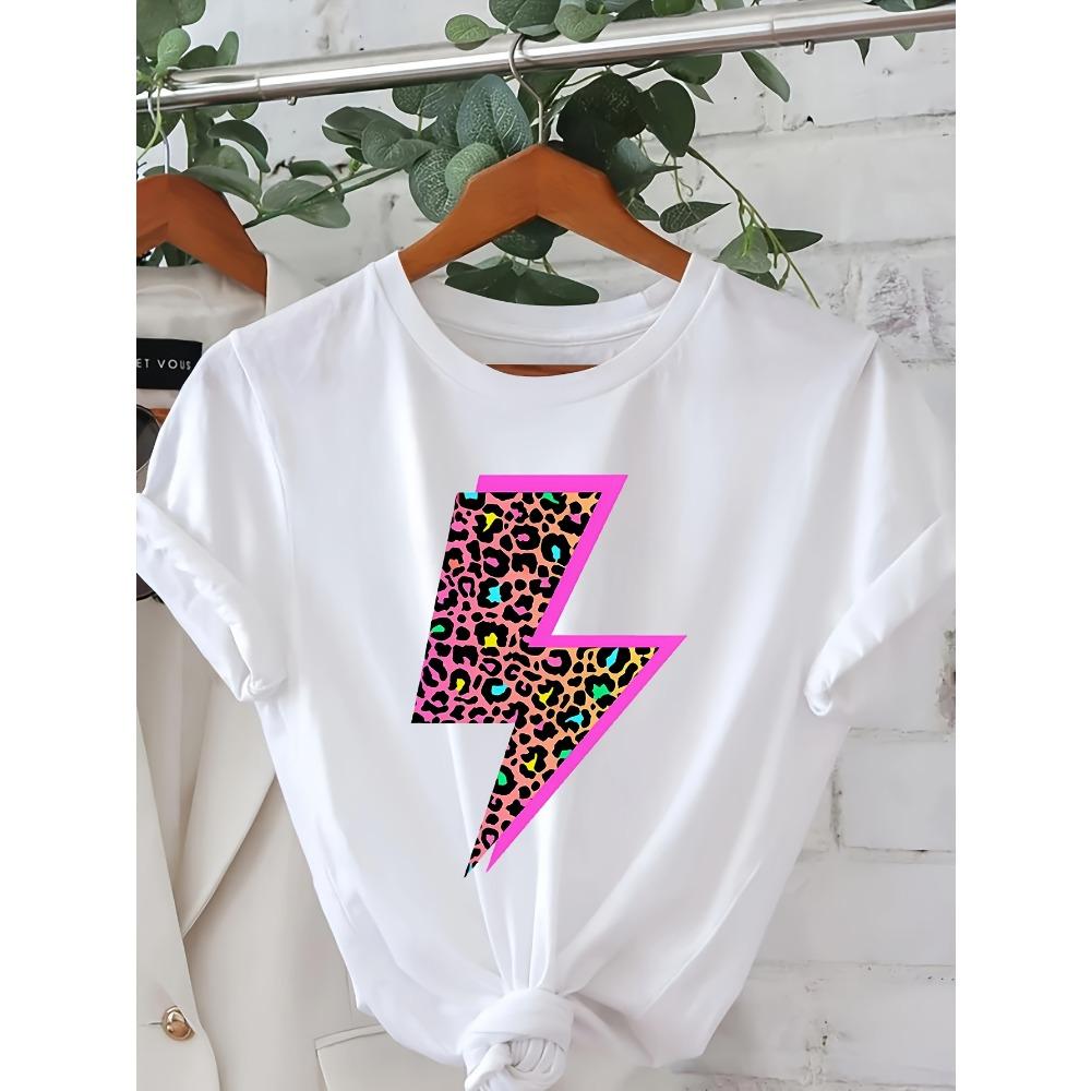 

Women s Cheetah Neon Lightning Bolt Graphic Tee Lightweight Round Neck Short Sleeve Spring Summer Casual Vibrant Pink Yellow Top S