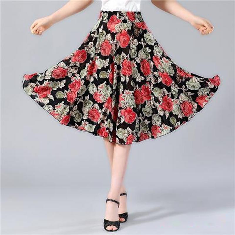 Fuste cu flori de lungime mijlocie de vară cu talie elastică femei lejer casual din șifon din mătase de gheață rochie de plajă pentru femei