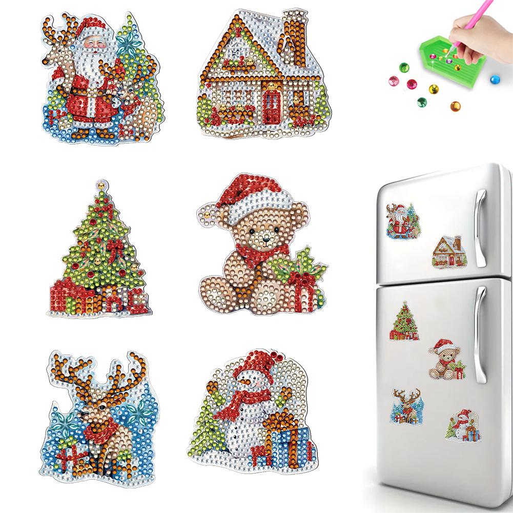 6Pcs Acrylic Special Shape Santa Claus Diamond Art Magnets Decals Diamond Painting Refrigerator Magnet for DIY Crafts Party Gift
