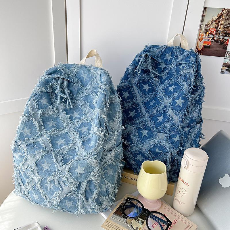 Schoolbag large capacity denim rough edge star schoolbag female college student simple versatile backpack design sense trendy backpack