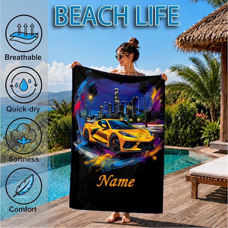 Custom Name Beach Towel School Bus Adventure Microfiber Beach Towel, Lightweight for Summer Travel, Swimming Pool Fan Birthday Gift