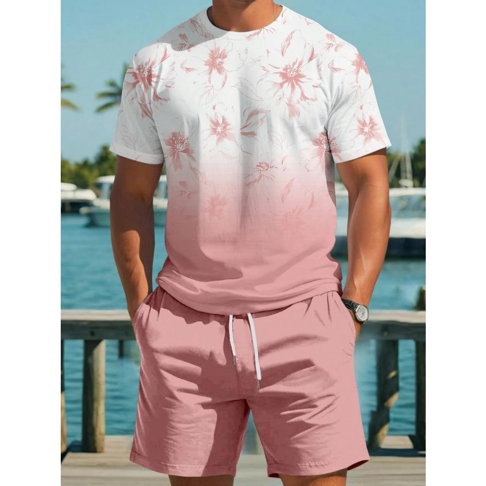 Men's Short Sleeve and Shorts Set Gradient Color Printed T-shirt Drawstring Shorts Beach Short Sleeve Top Shorts Two Piece Set