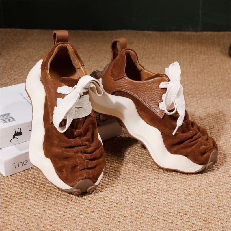 Johnature Chaussures pour femmes Cuir véritable Suede Épissage Semelle épaisse Style sportif Respirant Lacets Chaussures décontractées