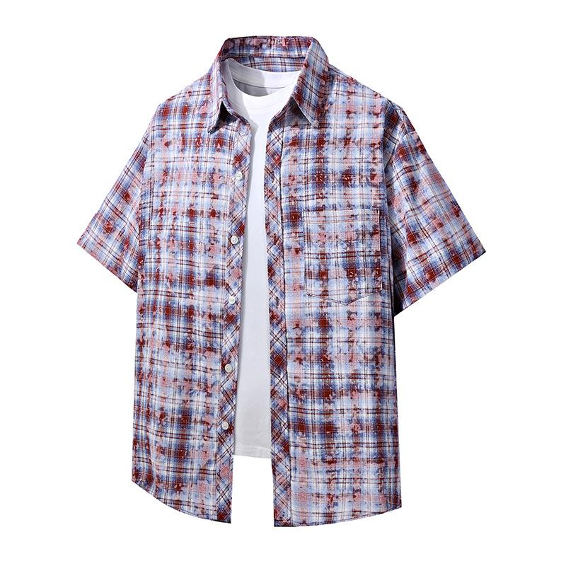 Vintage Kontrasterande Rutig Kortärmad Skjorta för Vår och Sommar, Lös Passform Parskjorta