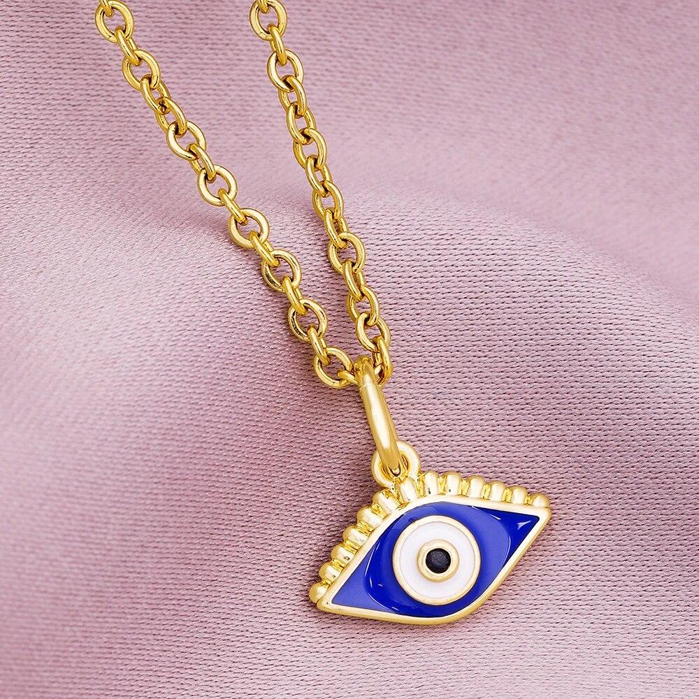 Turkish Lucky Evil Eye CZ Necklace Women 5 Style Blue Eyes Female Charm Fashion Enamel Stainless Steel Chain Necklace Jewelry