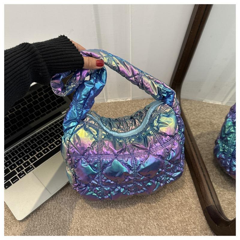 

Down pleated design soft puff large capacity casual embroidery thread bright face light shoulder armpit bag