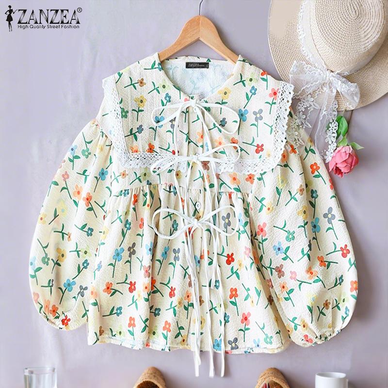 ZANZEA Women Casual Navy Collar Loose 3/4 Sleeve Print Blouse