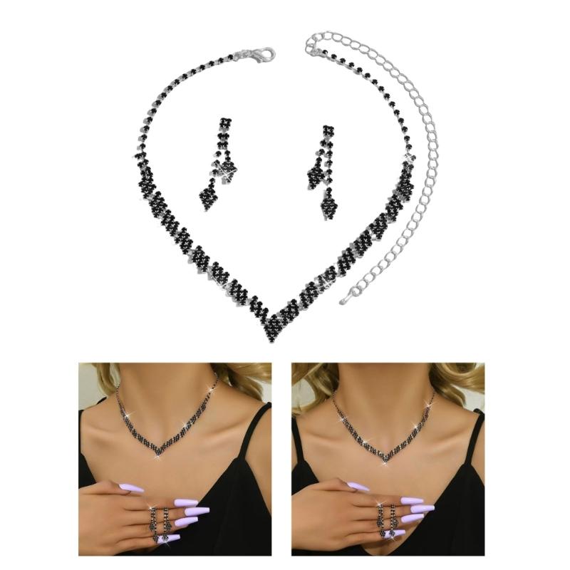 Elegant Crystal Rhinestones Bridal Jewelry Set Handmade Necklace and Clip Earrings Stylish Accessories for Evening Wear