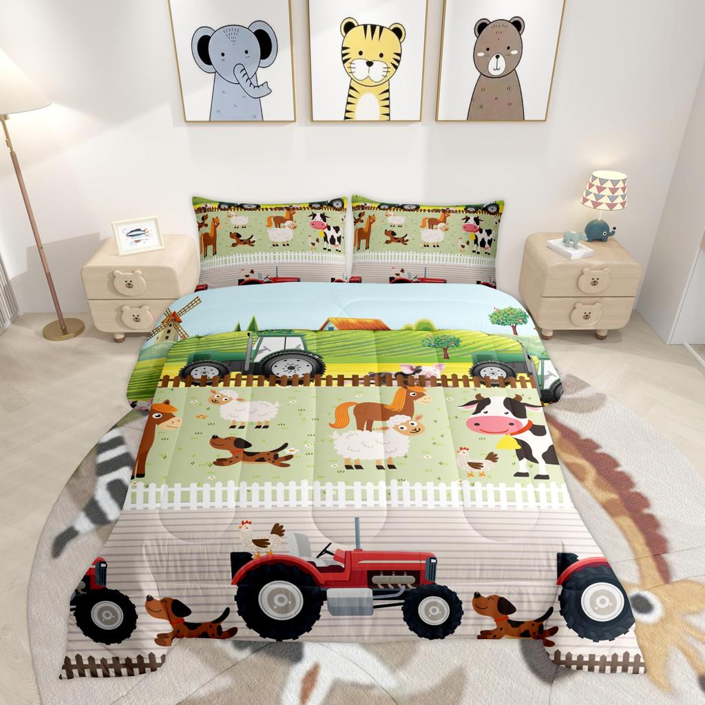 Tractor Bedding Sets for Boys Twin Size Toddler Kids Cute Cartoon Farm Animals Comforter Set Girls Children Farmhouse Country Down Comforter